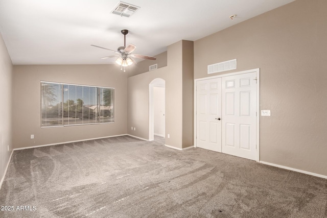 3444 E Flamingo Ct, Gilbert, AZ 85297 - empty room featuring vaulted ceiling, carpet, a ceiling fan, and arched walkways