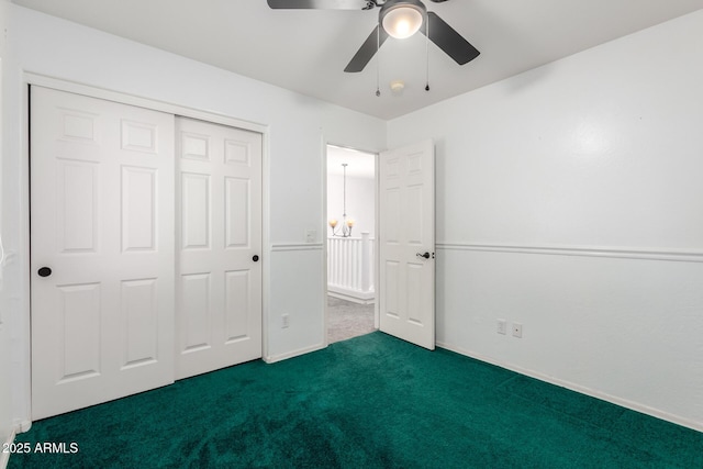 3444 E Flamingo Ct, Gilbert, AZ 85297 - unfurnished bedroom with dark colored carpet, a closet, and ceiling fan