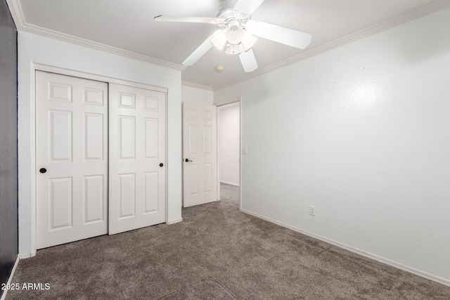 3444 E Flamingo Ct, Gilbert, AZ 85297 - unfurnished bedroom featuring carpet flooring, crown molding, a closet, and ceiling fan