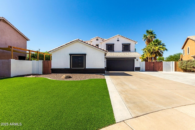 3444 E Flamingo Ct, Gilbert, AZ 85297 - mediterranean / spanish-style home with a tiled roof, concrete driveway, a garage, a gate, and stucco siding