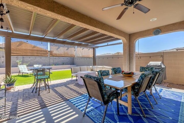 view of patio / terrace featuring ceiling fan and an outdoor hangout area