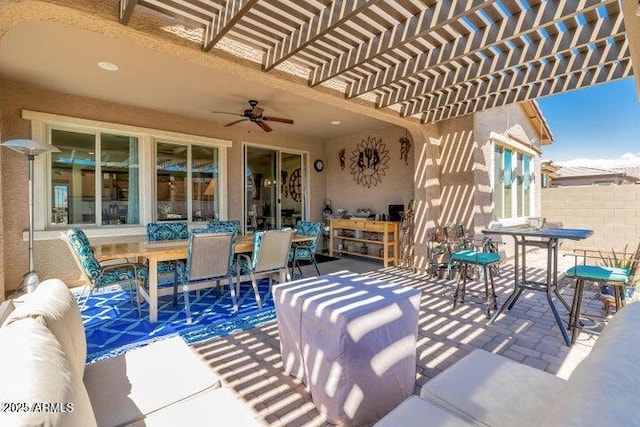 view of patio / terrace featuring ceiling fan, outdoor lounge area, and a pergola