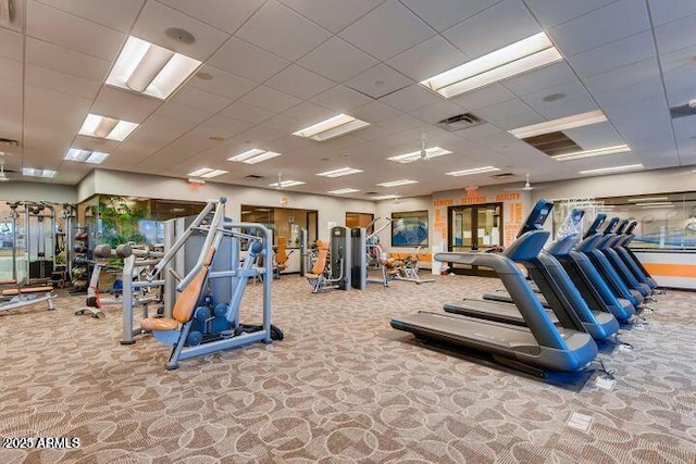 gym featuring carpet and a paneled ceiling