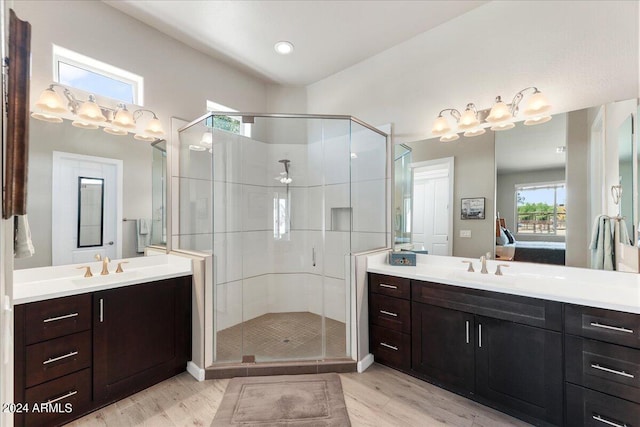 bathroom featuring wood-type flooring, vanity, and a shower with door