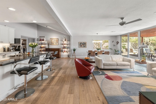 living area featuring baseboards, lofted ceiling, ceiling fan, hardwood / wood-style floors, and a textured ceiling