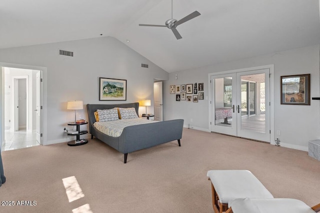 bedroom featuring carpet, french doors, visible vents, and access to outside