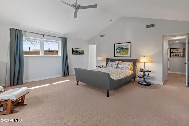 carpeted bedroom featuring high vaulted ceiling, baseboards, visible vents, and a ceiling fan