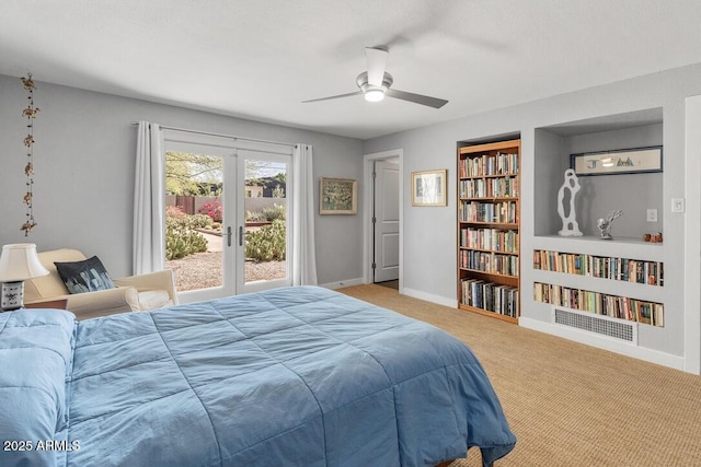 carpeted bedroom with access to exterior, ceiling fan, baseboards, and french doors