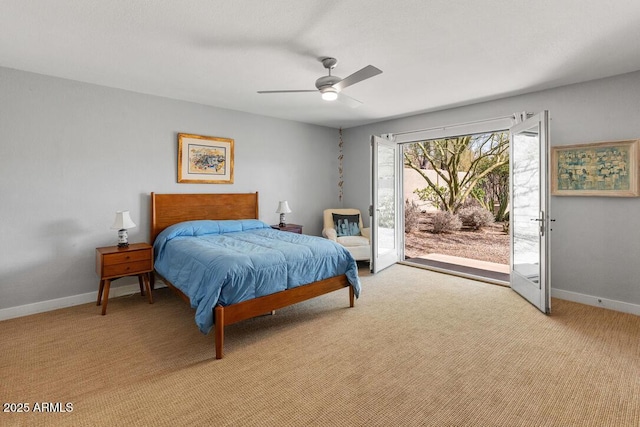 bedroom with access to exterior, light colored carpet, ceiling fan, and baseboards