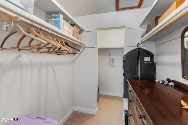 walk in closet featuring light colored carpet