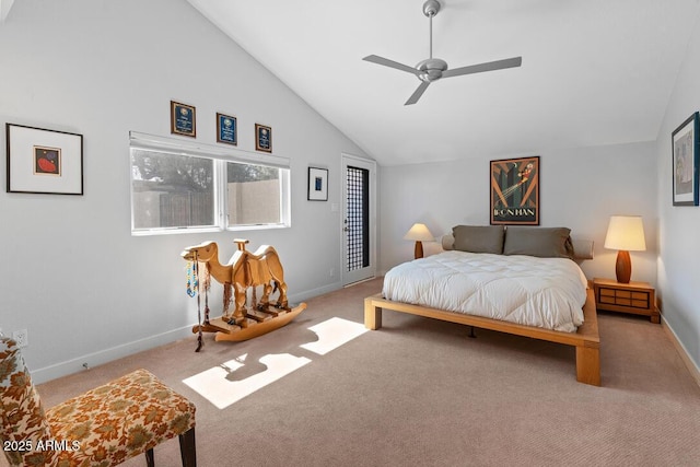 carpeted bedroom featuring high vaulted ceiling, ceiling fan, and baseboards