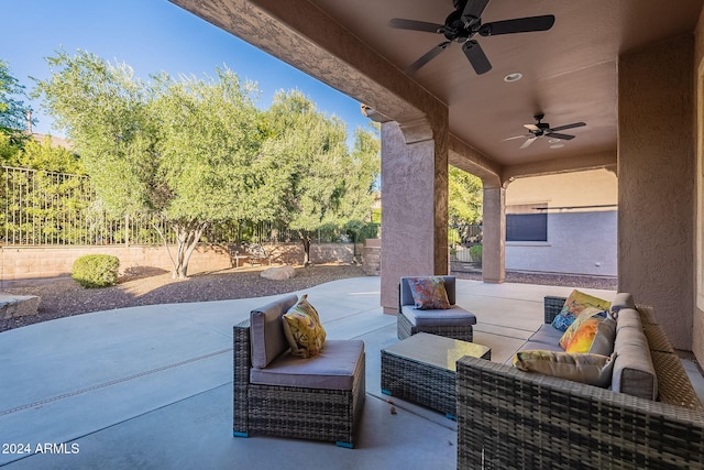 view of patio with ceiling fan and outdoor lounge area