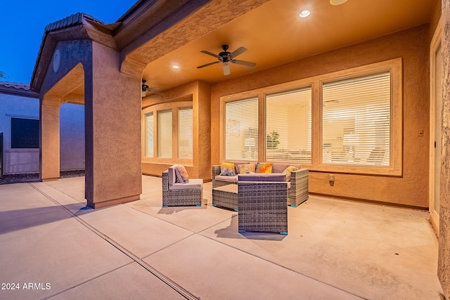 view of patio / terrace with ceiling fan and an outdoor hangout area