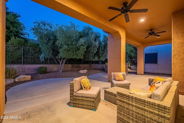 view of patio / terrace featuring ceiling fan and an outdoor hangout area