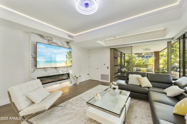 living room featuring a raised ceiling, wood-type flooring, and a fireplace