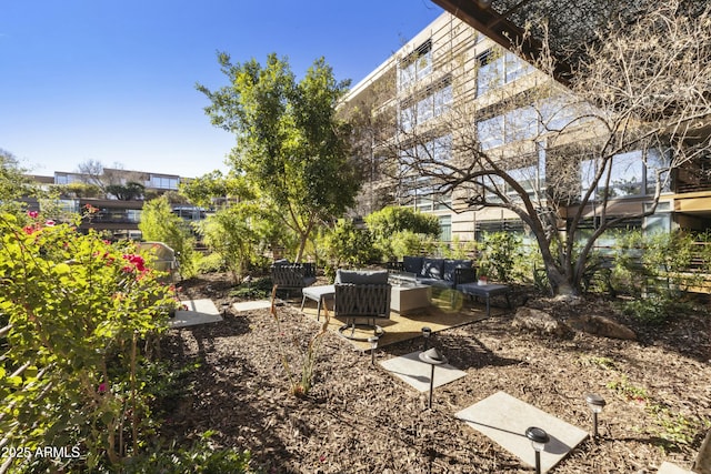 view of yard with an outdoor living space and a patio area