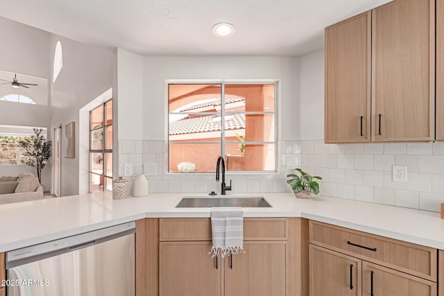6439 E Redmont Dr, Mesa, AZ 85215 - kitchen featuring dishwasher, light countertops, and light brown cabinetry