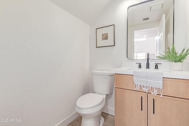 6439 E Redmont Dr, Mesa, AZ 85215 - bathroom featuring vanity, lofted ceiling, wood finished floors, and a textured wall