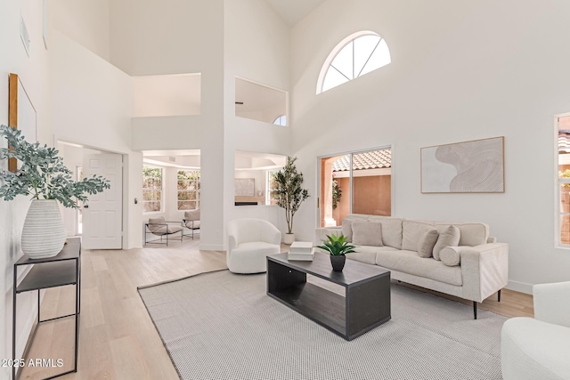 6439 E Redmont Dr, Mesa, AZ 85215 - living area featuring light wood-style flooring and a towering ceiling