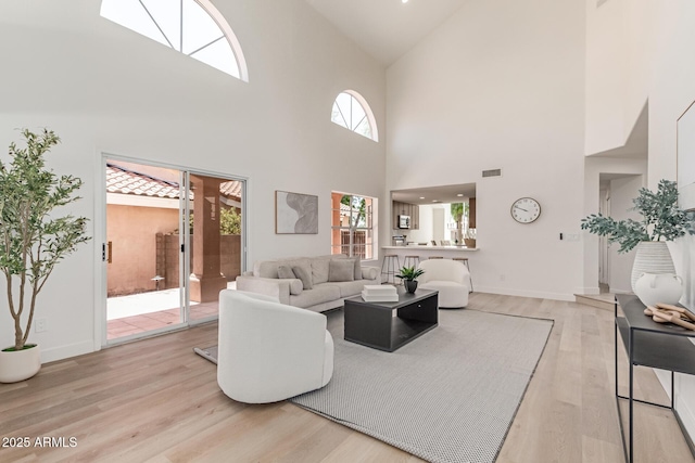 6439 E Redmont Dr, Mesa, AZ 85215 - living room with high vaulted ceiling and light wood-style floors