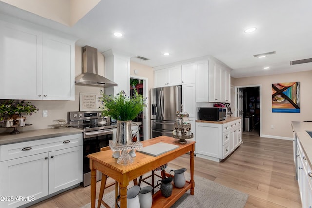 kitchen featuring stainless steel appliances, white cabinetry, and wall chimney range hood