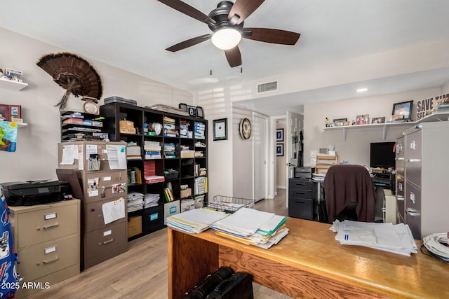 office area featuring ceiling fan and light hardwood / wood-style flooring