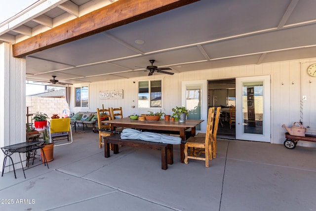 view of patio featuring ceiling fan