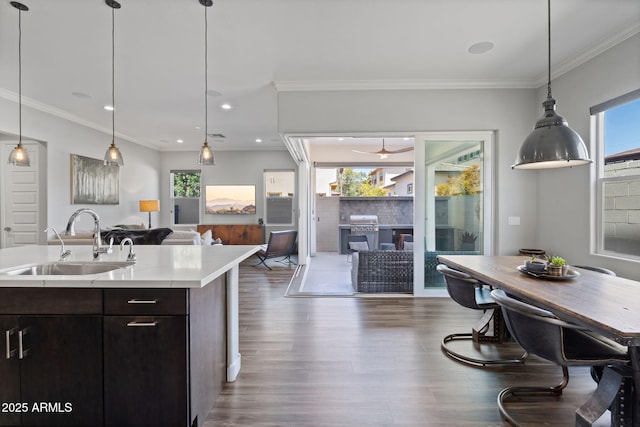 1555 E Ocotillo Rd Unit 16, Phoenix, AZ 85014 - kitchen featuring a sink, open floor plan, light countertops, wood finished floors, and ornamental molding
