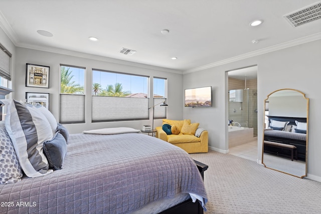 1555 E Ocotillo Rd Unit 16, Phoenix, AZ 85014 - carpeted bedroom featuring multiple windows, baseboards, crown molding, recessed lighting, and connected bathroom