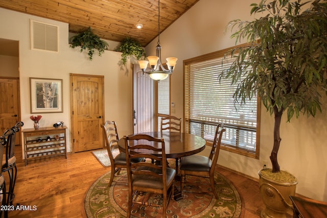 dining room with wooden ceiling, visible vents, vaulted ceiling, light wood-type flooring, and an inviting chandelier