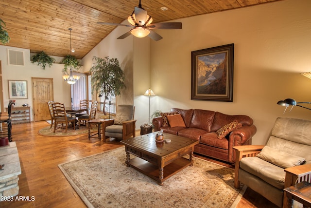 living area with visible vents, wood ceiling, wood finished floors, high vaulted ceiling, and ceiling fan with notable chandelier