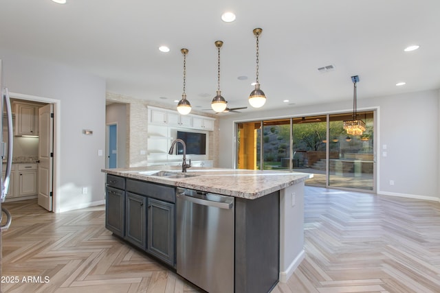 3285 Maverick Dr, Wickenburg, AZ 85390 - kitchen with dishwasher, a sink, baseboards, recessed lighting, and an island with sink