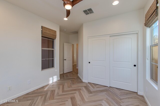 3285 Maverick Dr, Wickenburg, AZ 85390 - unfurnished bedroom featuring a closet, baseboards, recessed lighting, and ceiling fan