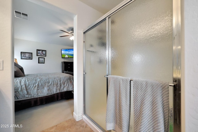 full bath featuring a ceiling fan, visible vents, tile patterned floors, a stall shower, and ensuite bath