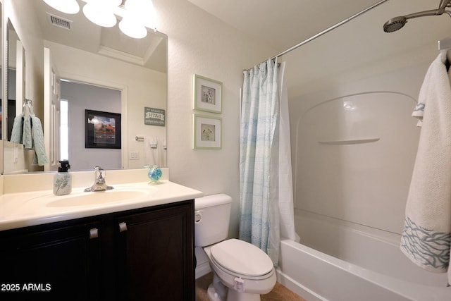 full bath featuring shower / bath combo, visible vents, vanity, and toilet