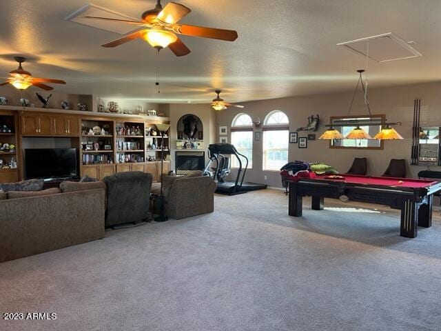 recreation room with billiards, carpet flooring, and attic access