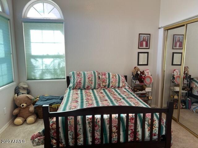 bedroom with carpet floors, a closet, and baseboards