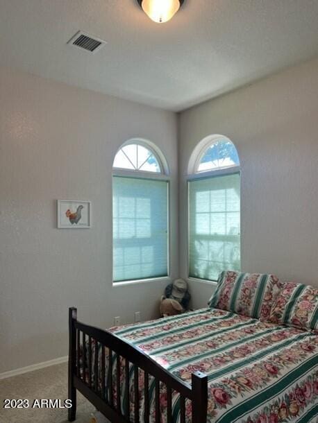 carpeted bedroom with baseboards, multiple windows, and visible vents