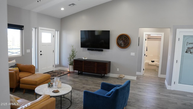 living room with wood-type flooring and vaulted ceiling