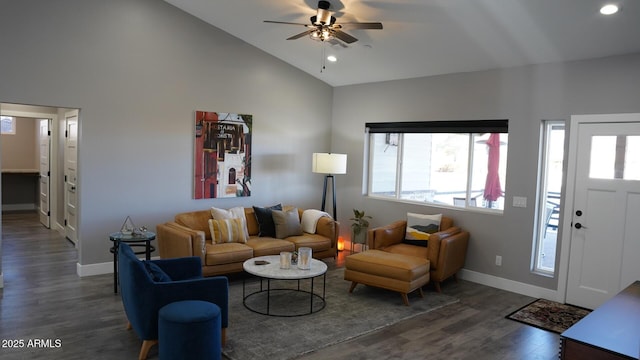 living room featuring lofted ceiling, dark wood-type flooring, and ceiling fan