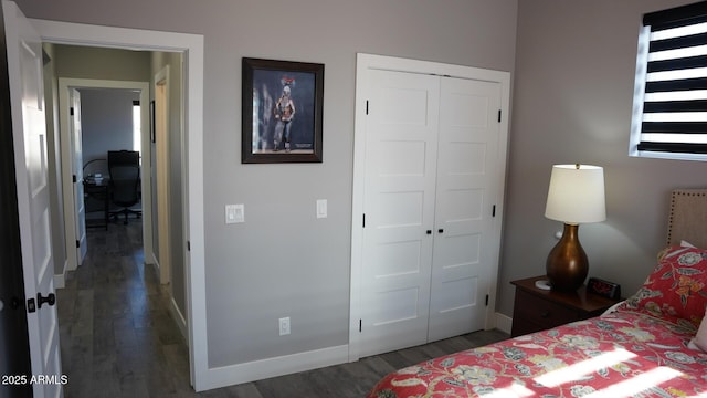 bedroom featuring dark hardwood / wood-style flooring and a closet