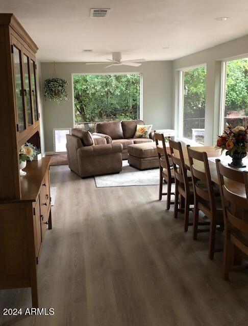 living room with wood-type flooring and ceiling fan