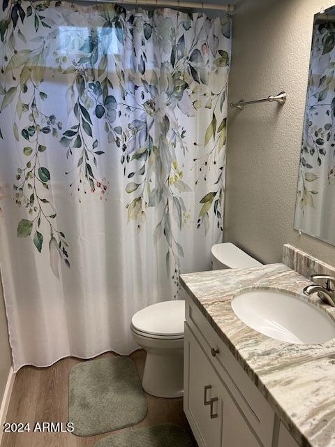 bathroom featuring hardwood / wood-style flooring, vanity, and toilet