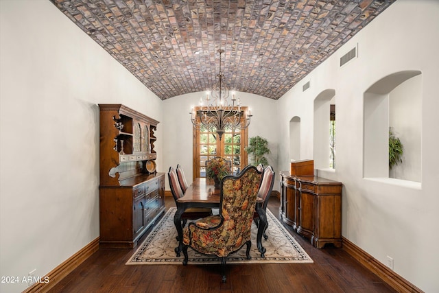 dining space featuring an inviting chandelier, lofted ceiling, brick ceiling, and dark hardwood / wood-style flooring