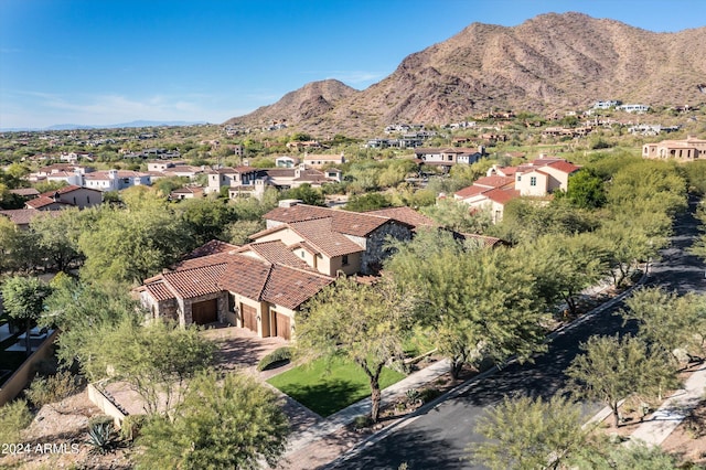 drone / aerial view featuring a mountain view and a residential view