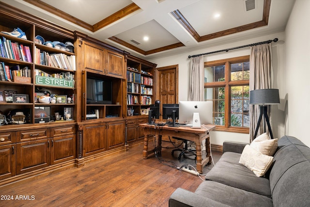 office featuring crown molding, hardwood / wood-style floors, beam ceiling, and coffered ceiling