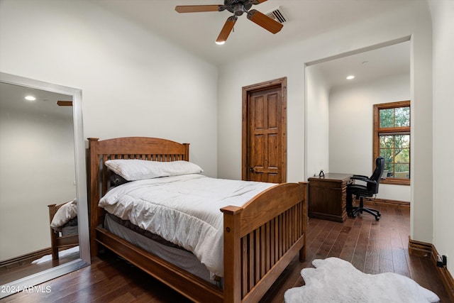 bedroom with visible vents, recessed lighting, vaulted ceiling, wood-type flooring, and baseboards