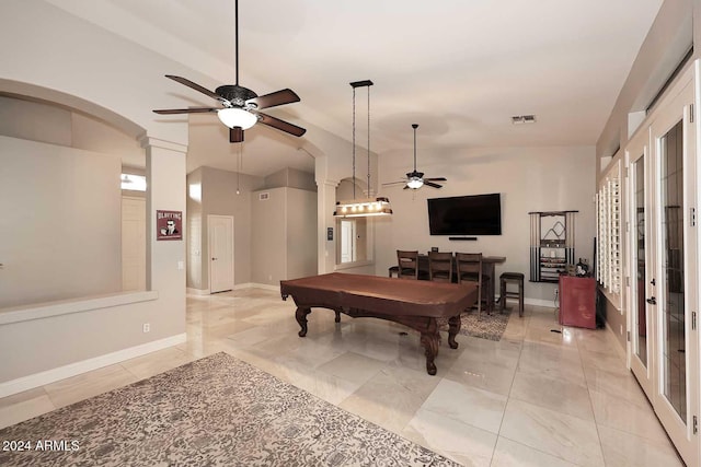 game room with ceiling fan, french doors, lofted ceiling, and billiards