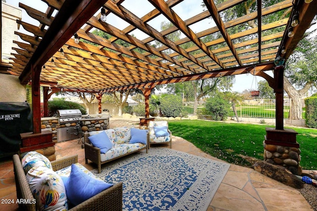 view of patio featuring outdoor lounge area, a pergola, area for grilling, and a grill