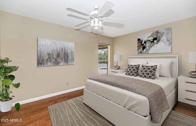 bedroom with access to exterior, a ceiling fan, baseboards, and wood finished floors